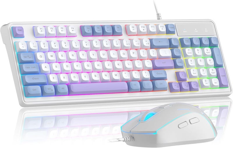MageGee Wire Gaming Keyboard,Creamy Keyboard and Mouse Combo, 7 Colorful Rainbow Backlight Classic Gaming Keyboard (White & Blue & Purple) - Image 1